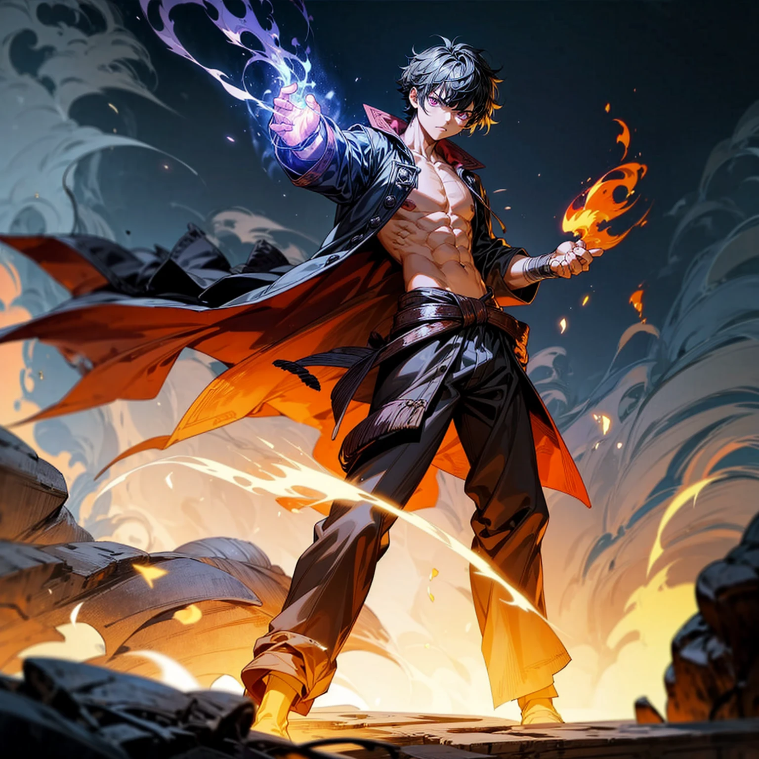 1boy, muscle, Full body version, 1character, purple eyes, short haircut, angry eyes, black color hair, topless, pirate cloak coat, boots, Grassroots, full background in field town, motion blur, lighting, (one piece art), standing gesture, bandage, smoke effect, big fire burning in hand, plasma effect, Flames in the sky, light fire effect on hand, 