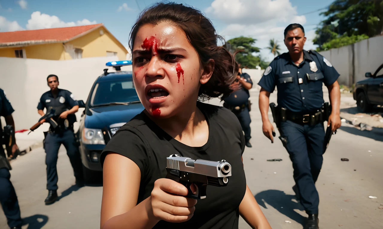 Create a dramatic scene where a young woman titled 'LuciaGTA6SDXL', with blood on her face, holds a gun in one hand and grips the hand of a 7-year-old  in her other hand. In the background, police officers are seen approaching cautiously. The setting is tense and chaotic, with the woman's expression showing determination mixed with concern for the . Capture the urgency of the moment with detailed expressions and dynamic composition, conveying a sense of danger and protection. Use lighting to enhance the contrast between shadows and highlights, highlighting the emotional intensity of the scene.