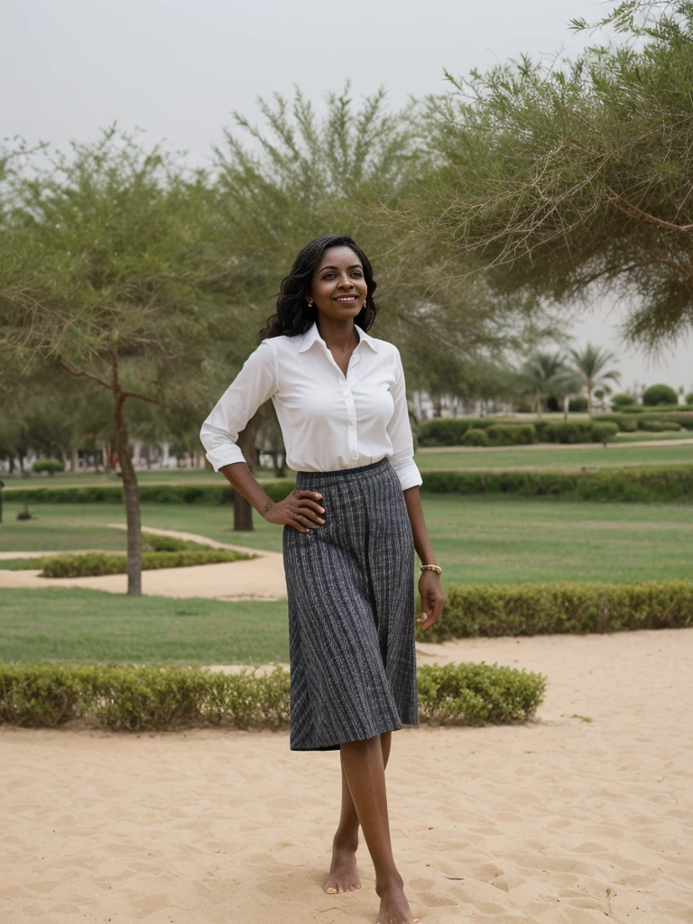 Zainab, 1girl, solo, ((Sudanese woman)), consistent face and body, ((MILF)), ((50 years old)), (mature), ((slim)), ((Sudanese face)), (Sudanese nose), (Sudanese lips), upper body and upper legs, (background: A beachfront destination in Dubai), BREAK, (wearing stylish Generation Z modern wear and skirt)