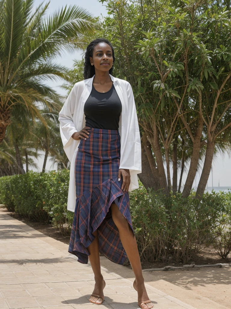 Zainab, 1girl, solo, ((Sudanese woman)), consistent face and body, ((MILF)), ((50 years old)), (mature), ((slim)), ((Sudanese face)), (Sudanese nose), (Sudanese lips), upper body and upper legs, (background: A beachfront destination in Dubai), BREAK, (wearing stylish Generation Z trend wear and skirt)