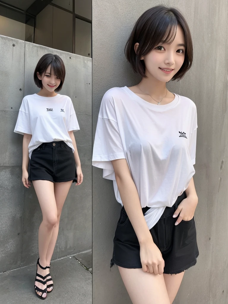 M Cup Colossal、valley、cute、cute、smile、Beauty、short hair、slouch、From diagonally ahead、Stunned and damp long T-shirt(white)、Slender legs、Black spats、
