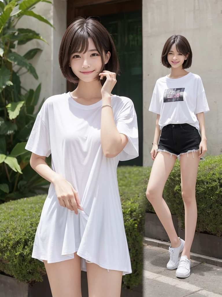 M Cup Colossal、valley、cute、cute、smile、Beauty、short hair、slouch、From diagonally ahead、Stunned and damp long T-shirt(white)、Slender legs、Black spats、