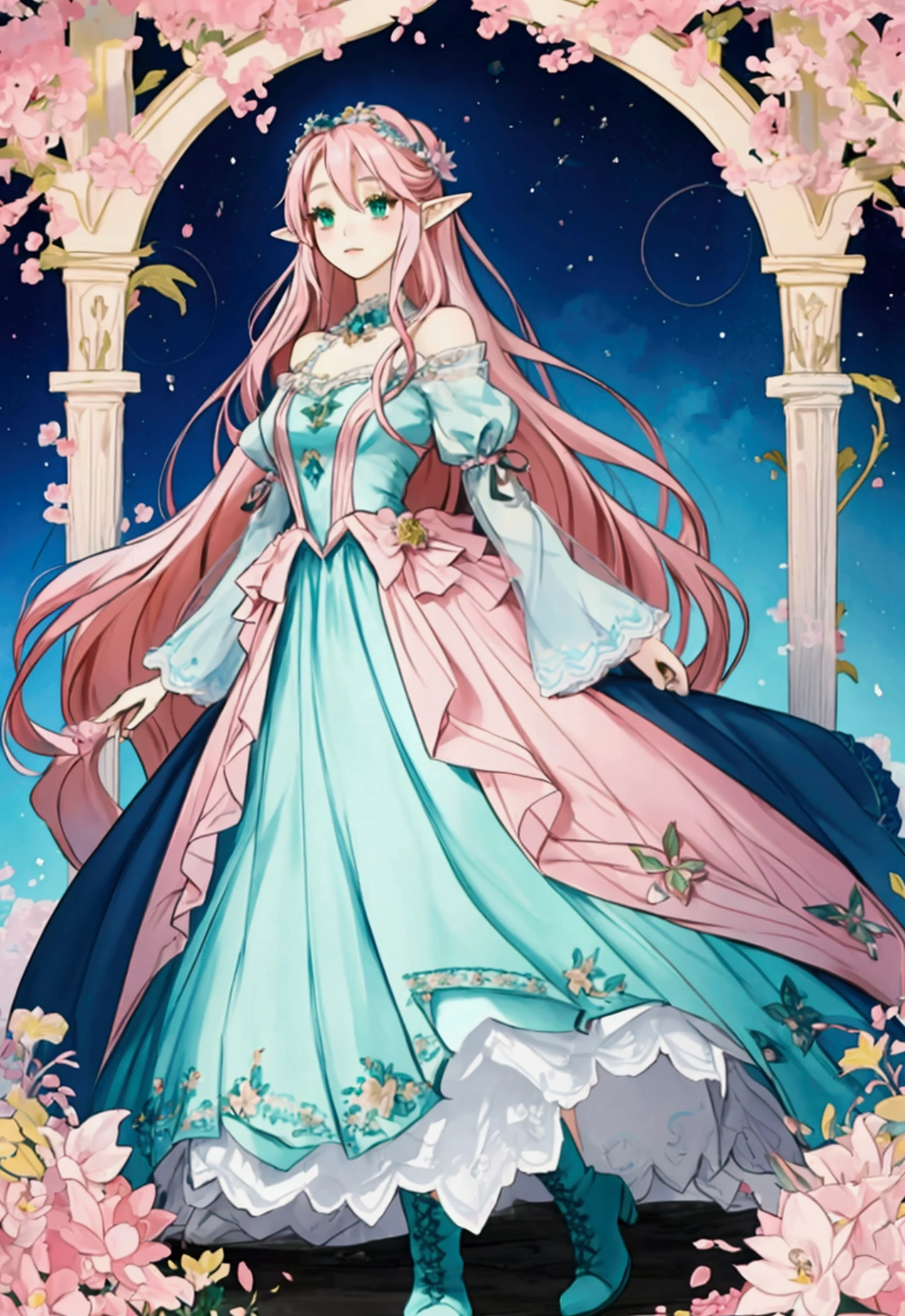 beautiful adult women elf, long pink hair and blue streaks hair, green eyes, with flower crown, black boots, blue dress, pink underskirt and black sleeves, full body.
