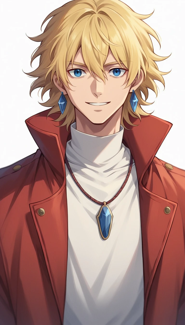 ghibli style, howl \(howl no ugoku shiro\), 1boy, bangs, blonde hair, blouse, blue eyes, coat, crystal earrings, earrings, hair between eyes, jewelry, long sleeves, looking at viewer, male focus, medium hair, necklace, parted lips, red coat, shirt, smile, solo, white background, white shirt , ((masterpiece))