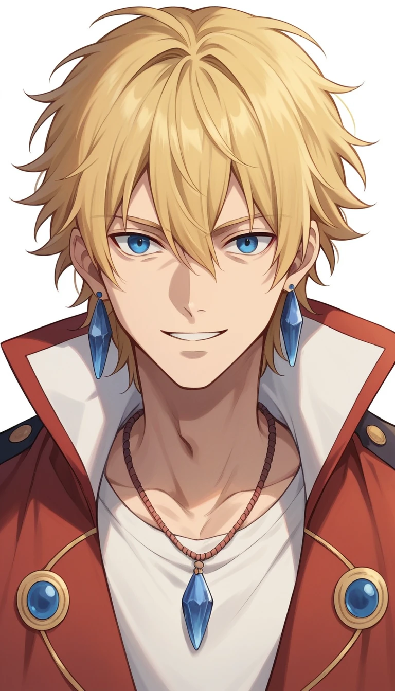 ghibli style, howl \(howl no ugoku shiro\), 1boy, bangs, blonde hair, blouse, blue eyes, coat, crystal earrings, earrings, hair between eyes, jewelry, long sleeves, looking at viewer, male focus, medium hair, necklace, parted lips, red coat, shirt, smile, solo, white background, white shirt , ((masterpiece))
