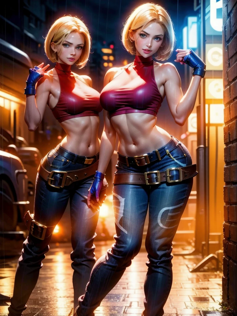 (at night), in a video game scene, a background of a beautiful city at night raining, standing at attention, red top, blue joggers, blue fingerless gloves, large brown belt hanging from her waist ((blonde hair )), 1 girl, alone, 20 years old, young woman, perfect hands, beautiful fingers, beautiful long legs, beautiful body, beautiful nose, beautiful character design, perfect face, looking at the viewer with serious gesture (focusing on her face) , closed mouth, Light_Smile, official art, extremely detailed CG unity 8k wallpaper, perfect lighting, bright and colorful front lighting, glowing skin (masterpiece: 1.0), (best_quality: 1.0), ultra high resolution, 4K, ultra photography detailed, 8K, HDR, high resolution, absurd:1.2, Kodak portra 400, film grain, blurred background, bokeh:1.2, lens flare, (vibrant_color:1.2), professional photography, (Beautiful, breasts: 1.4), ( beautiful_face: 1.5), (narrow waist),
