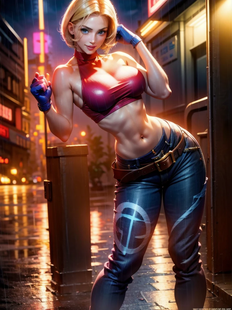 (at night), in a video game scene, a background of a beautiful city at night raining, standing at attention, red top, blue joggers, blue fingerless gloves, large brown belt hanging from her waist ((blonde hair )), 1 girl, alone, 20 years old, young woman, perfect hands, beautiful fingers, beautiful long legs, beautiful body, beautiful nose, beautiful character design, perfect face, looking at the viewer with serious gesture (focusing on her face) , closed mouth, Light_Smile, official art, extremely detailed CG unity 8k wallpaper, perfect lighting, bright and colorful front lighting, glowing skin (masterpiece: 1.0), (best_quality: 1.0), ultra high resolution, 4K, ultra photography detailed, 8K, HDR, high resolution, absurd:1.2, Kodak portra 400, film grain, blurred background, bokeh:1.2, lens flare, (vibrant_color:1.2), professional photography, (Beautiful, breasts: 1.4), ( beautiful_face: 1.5), (narrow waist),
