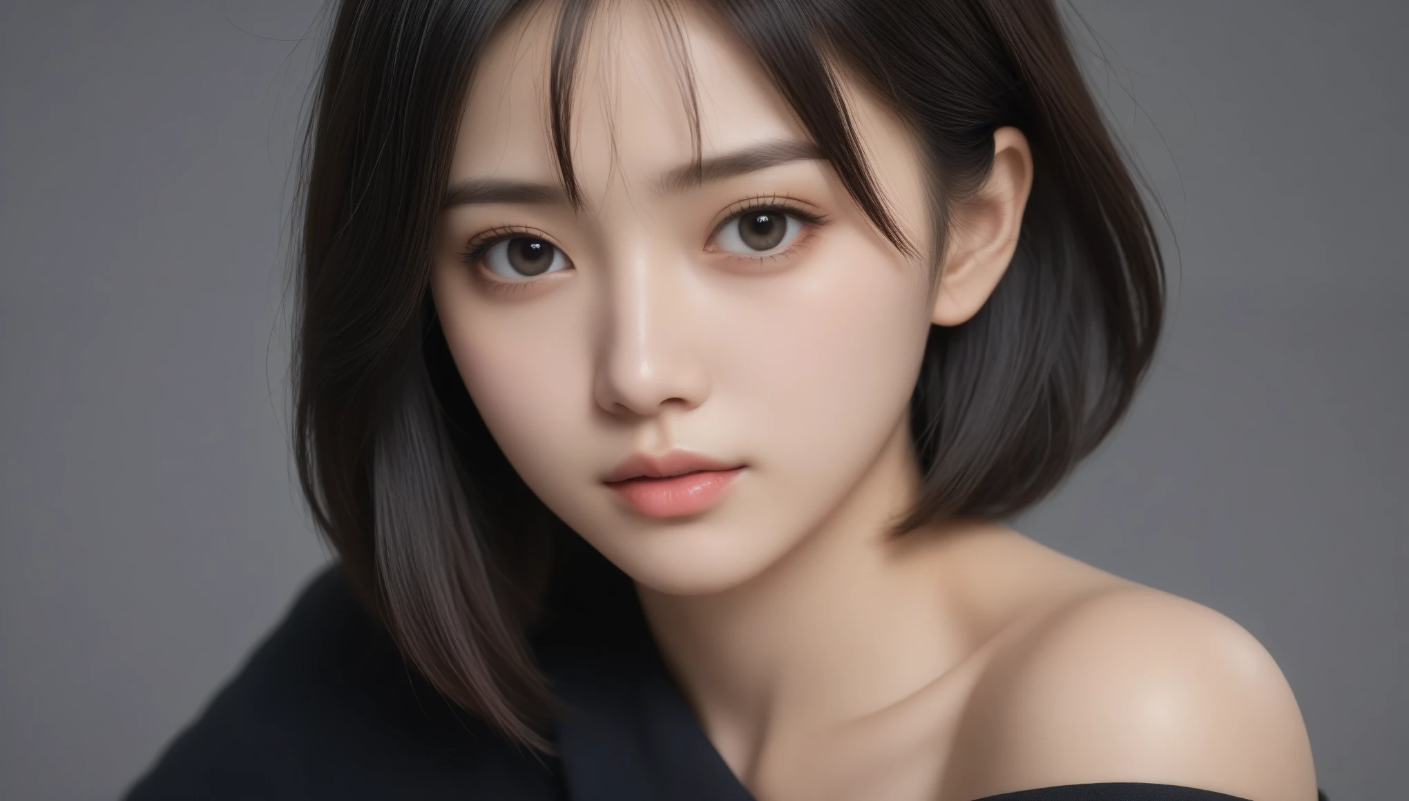 8k, Ultra-high resolution, Highest quality, masterpiece, 三分割法によるphotograph,Surreal, photograph, 1 Girl, (16 years old:1.3), pretty girl, Cute Face, Beautiful eyes in every detail, 細かくdetailedに,masterpiece,One Girl:1.2, Japan Female Announcer,extream close up,sad,streaming tears,Long black hair,Short Hair,Messy hair,(black suit:1.3),mourning clothes,(印象派の美しい少女のPortraiture), (Gray background:1.3),(Impressionist light and colour),Realistic Skin, Perfect and beautiful face ,完璧でCute Face, Skin with attention to detail, Perfect limbs、Narrow waist,Looking at the audience、beauty,Long neck,clavicle,(((Ideal body type))),A cup small breasts :2,Portraiture:2,Perfect Anatomy,鮮明なdetailed,detailed,Surreal,Light and shadow,spotlight