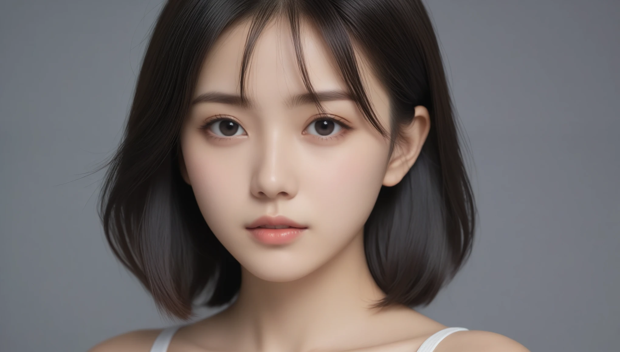 8k, Ultra-high resolution, Highest quality, masterpiece, 三分割法によるphotograph,Surreal, photograph, 1 Girl, (:1.3), pretty girl, Cute Face, Beautiful eyes in every detail, 細かくdetailedに,masterpiece,One Girl:1.2, Japan Female Announcer,extream close up,sad,streaming tears,Long black hair,Short Hair,Messy hair,(black suit:1.3),mourning clothes,(印象派の美しい少女のPortraiture), (Gray background:1.3),(Impressionist light and colour),Realistic Skin, Perfect and beautiful face ,完璧でCute Face, Skin with attention to detail, Perfect limbs、Narrow waist,Looking at the audience、beauty,Long neck,clavicle,(((Ideal body type))),A cup small breasts :2,Portraiture:2,Perfect Anatomy,鮮明なdetailed,detailed,Surreal,Light and shadow,spotlight