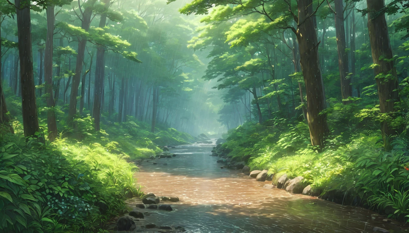 early summer,forest,heavy rain,Abundant nature,Ghibli style,Highest quality, 8k, High resolution, masterpiece:1.2, Very detailed, Realistic:1.37, High resolution, 超High resolution, Very detailed, Professional, Vibrant colors