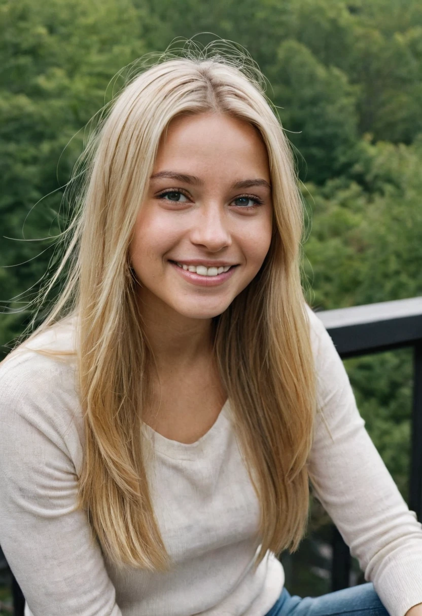 daneater, 1girl, solo, realistic, photorealistic, high quality picture, 8k, high resolution, detailed quality, film grain, natural photo, ultrarealistic, (((25-years-old woman))), Caucasian, (((Scandinavian Face))), (((Background: Nature))), (((Fit))), (((Long-Straight-Blonde Hair))), Smiling, Pose: sitting, she is enjoying the view on a viewdeck in new york city, a picture shot on a phone from 2015