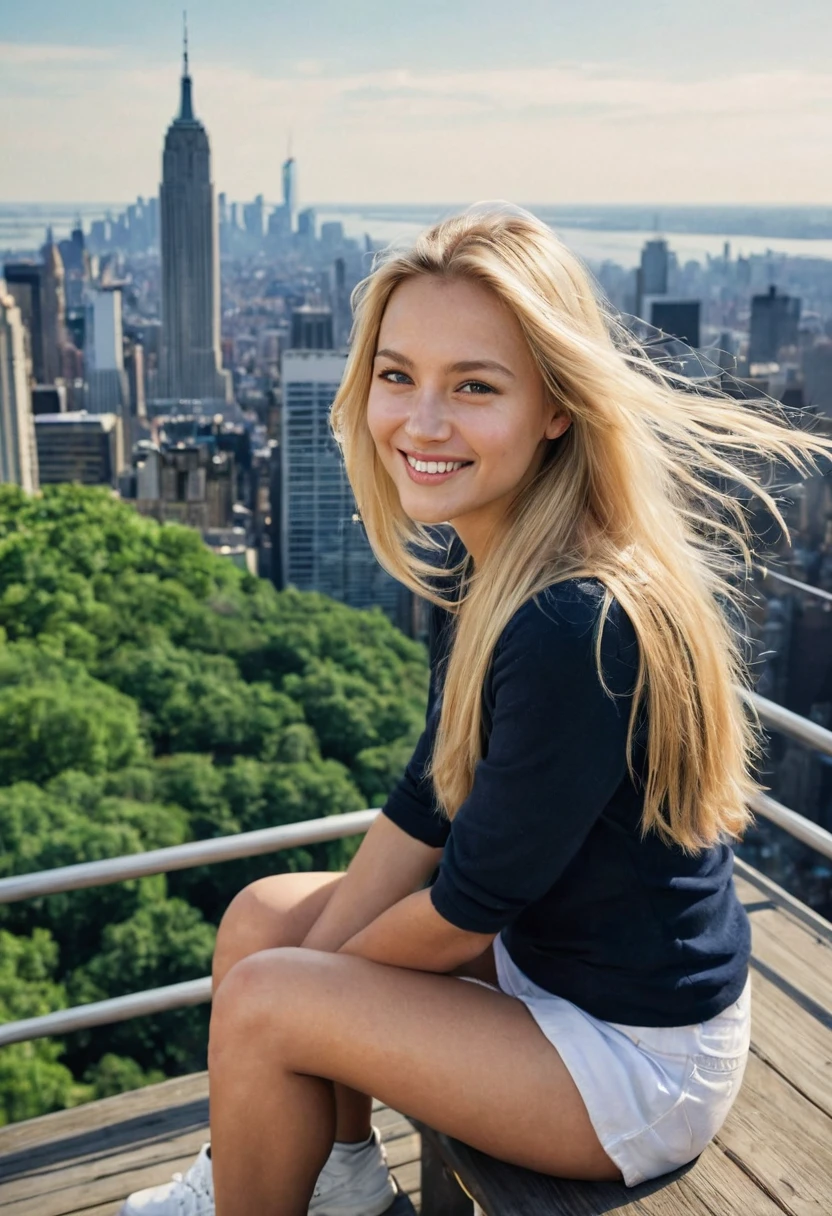 daneater, 1girl, solo, realistic, photorealistic, high quality picture, 8k, high resolution, detailed quality, film grain, natural photo, ultrarealistic, (((25-years-old woman))), Caucasian, (((Scandinavian Face))), (((Background: Nature))), (((Fit))), (((Long-Straight-Blonde Hair))), Smiling, Pose: sitting, she is enjoying the view on a viewdeck in new york city, a picture shot on a phone from 2015