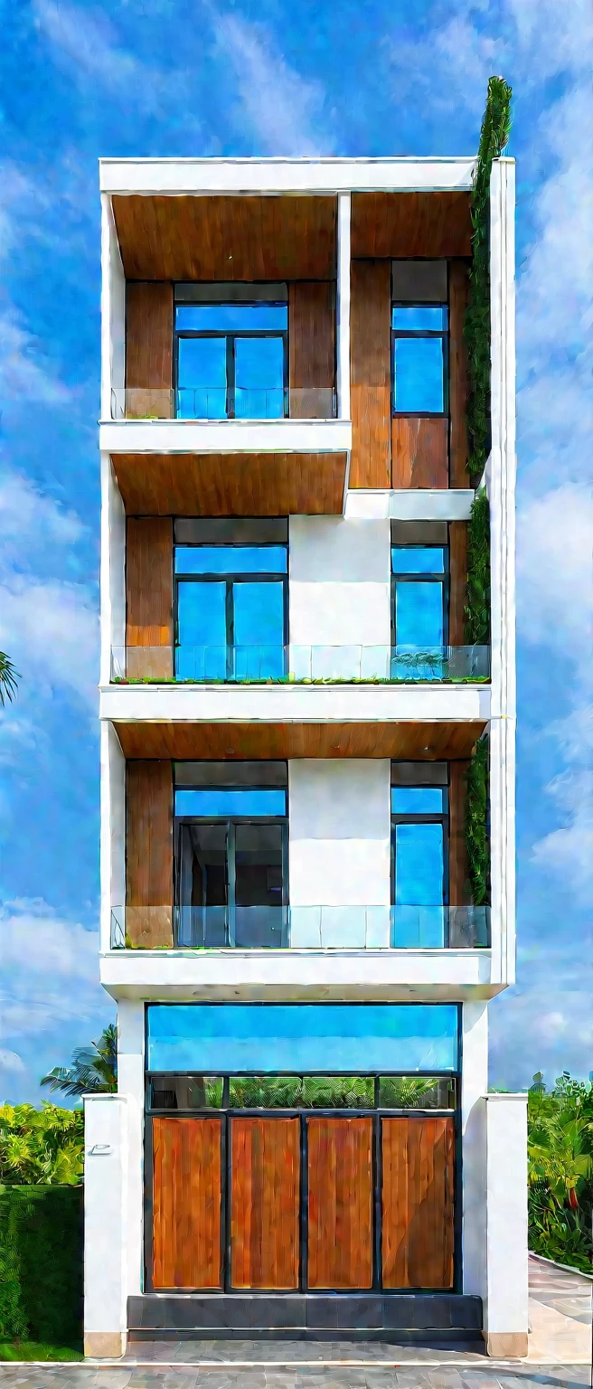 A hyper-realistic image of a modern house with a minimalist design, featuring a combination of wood and white materials. The house has a flat roof, large glass windows, and a balcony with a glass railing. The entrance is flanked by lush greenery and palm trees. There is a wooden gate in front and the garden includes various tropical plants. The overall ambiance is serene and contemporary, with detailed textures and realistic lighting, shadows, and reflections. The colors are vibrant and true to life, showcasing the natural beauty of the materials and the surrounding environment. Additionally, the house is surrounded by a well-maintained garden with various tropical plants and flowers, a clean street with a sidewalk, and a modern urban setting.
