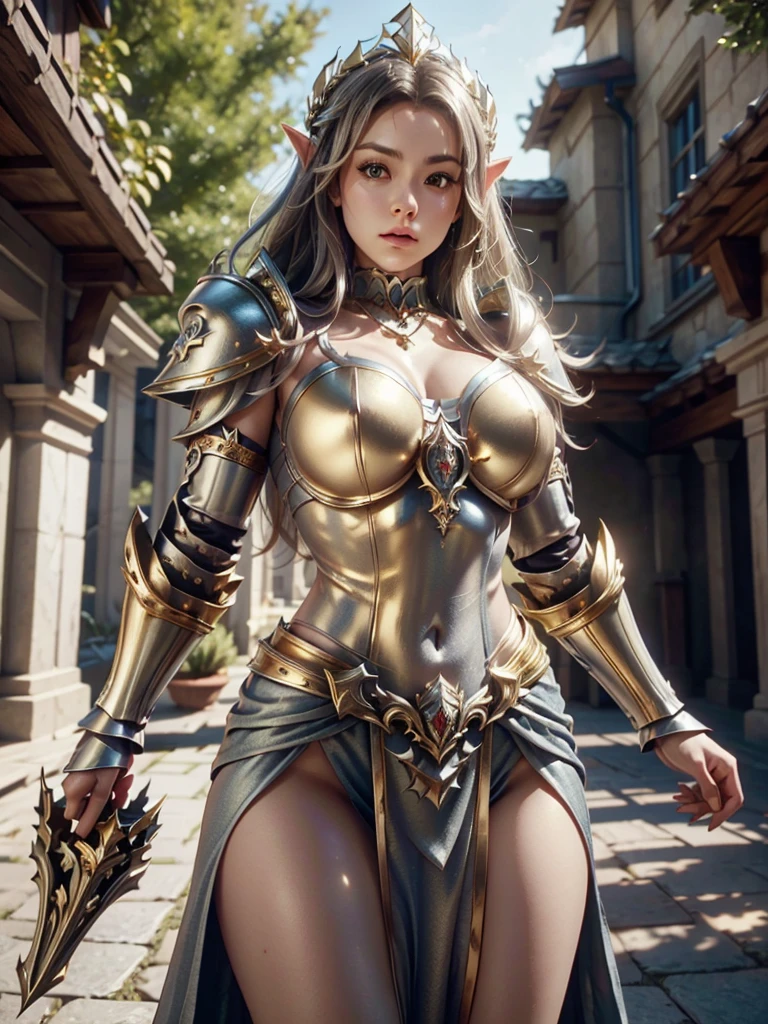 Realistic image cinematic shadows. in the courtyard. of Kingdom. There is an Elven Woman Queen, with crown, face ilumined, wearing a necklace around the neck, hips, toned, large round breasts, ((spruce neckline in silver armor, large gold ornaments. gold edges)) reflecting sunlight.