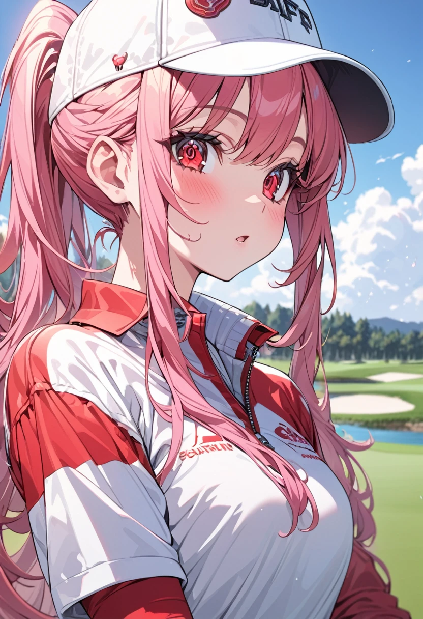 rabbit girl, anime, long hair, pink hair, red eyes, golf sports (red and white color).detailed eyes, cute, ultra detailed, high quality, vibrant colors, high ponytail in hair, beautiful, ,golf cap