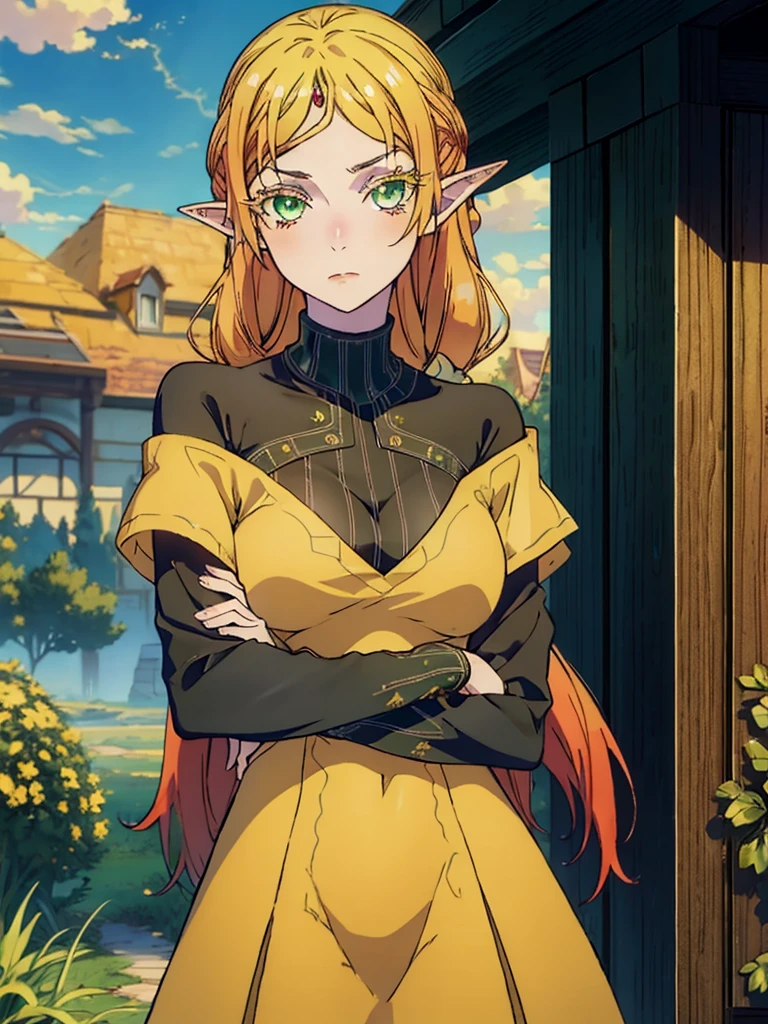 tsundereelf, tsundere elf, long hair, blonde hair, (green eyes:1.5), pointy ears, elf, multicolored hair, forehead jewel, BREAK long sleeves, turtleneck bodysuit, pantyhose, sweater, (black sweater:1.2), dress, (yellow dress:1.5), BREAK outdoors, forest, nature, sun, sky, clouds, BREAK looking at viewer, (cowboy shot:1.5), BREAK (masterpiece:1.2), best quality, high resolution, unity 8k wallpaper, (illustration:0.8), (beautiful detailed eyes:1.6), extremely detailed face, perfect lighting, extremely detailed CG, (perfect hands, perfect anatomy),