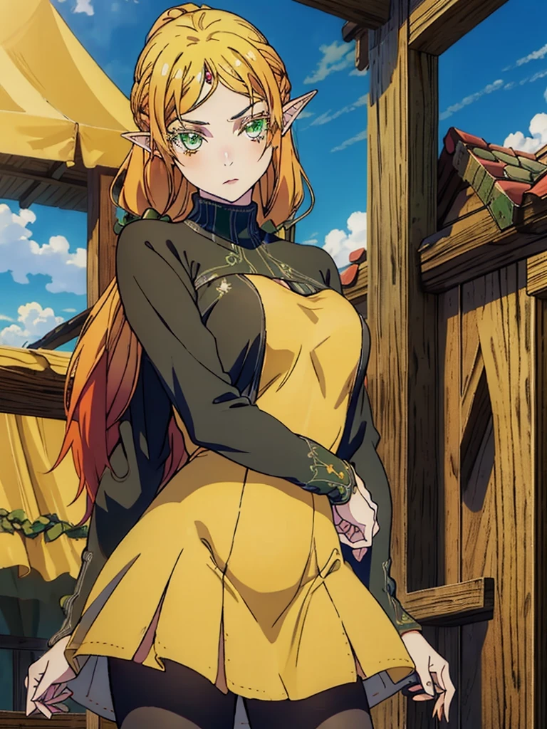 tsundereelf, tsundere elf, long hair, blonde hair, (green eyes:1.5), pointy ears, elf, multicolored hair, forehead jewel, BREAK long sleeves, turtleneck bodysuit, pantyhose, sweater, (black sweater:1.2), dress, (yellow dress:1.5), BREAK outdoors, forest, nature, sun, sky, clouds, BREAK looking at viewer, (cowboy shot:1.5), BREAK (masterpiece:1.2), best quality, high resolution, unity 8k wallpaper, (illustration:0.8), (beautiful detailed eyes:1.6), extremely detailed face, perfect lighting, extremely detailed CG, (perfect hands, perfect anatomy),