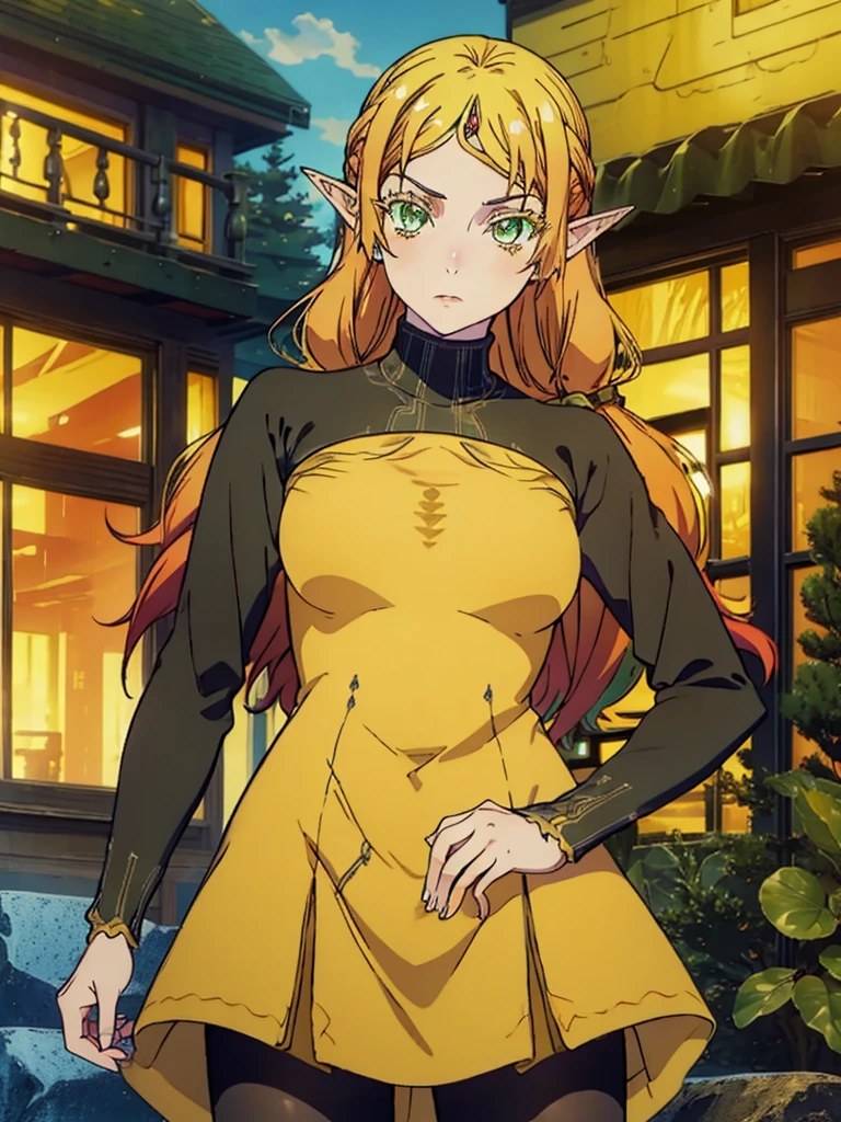 tsundereelf, tsundere elf, long hair, blonde hair, (green eyes:1.5), pointy ears, elf, multicolored hair, forehead jewel, BREAK long sleeves, turtleneck bodysuit, pantyhose, sweater, (black sweater:1.2), dress, (yellow dress:1.5), BREAK outdoors, forest, nature, sun, sky, clouds, BREAK looking at viewer, (cowboy shot:1.5), BREAK (masterpiece:1.2), best quality, high resolution, unity 8k wallpaper, (illustration:0.8), (beautiful detailed eyes:1.6), extremely detailed face, perfect lighting, extremely detailed CG, (perfect hands, perfect anatomy),