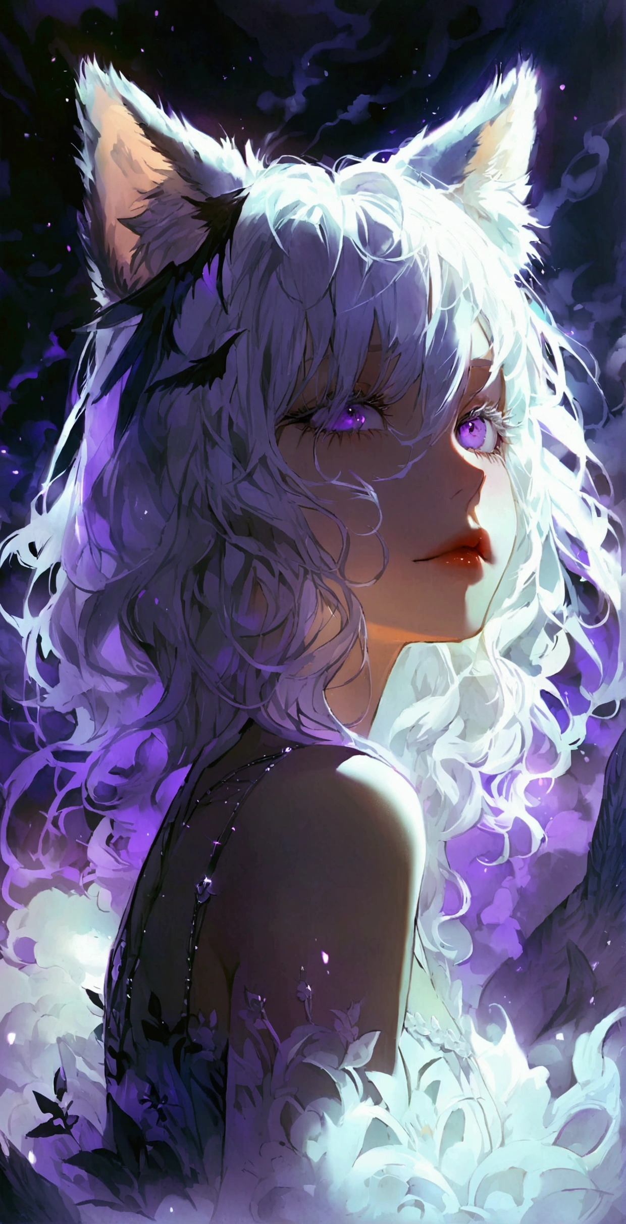 Knee-length wavy hair,White hair is charming, Detailed and precise manual work, Attractive girl, White cat ears,, Purple eyes and white eyelashes,Black Wings,Dark night sky,Dress, Smoke surrounds the body
