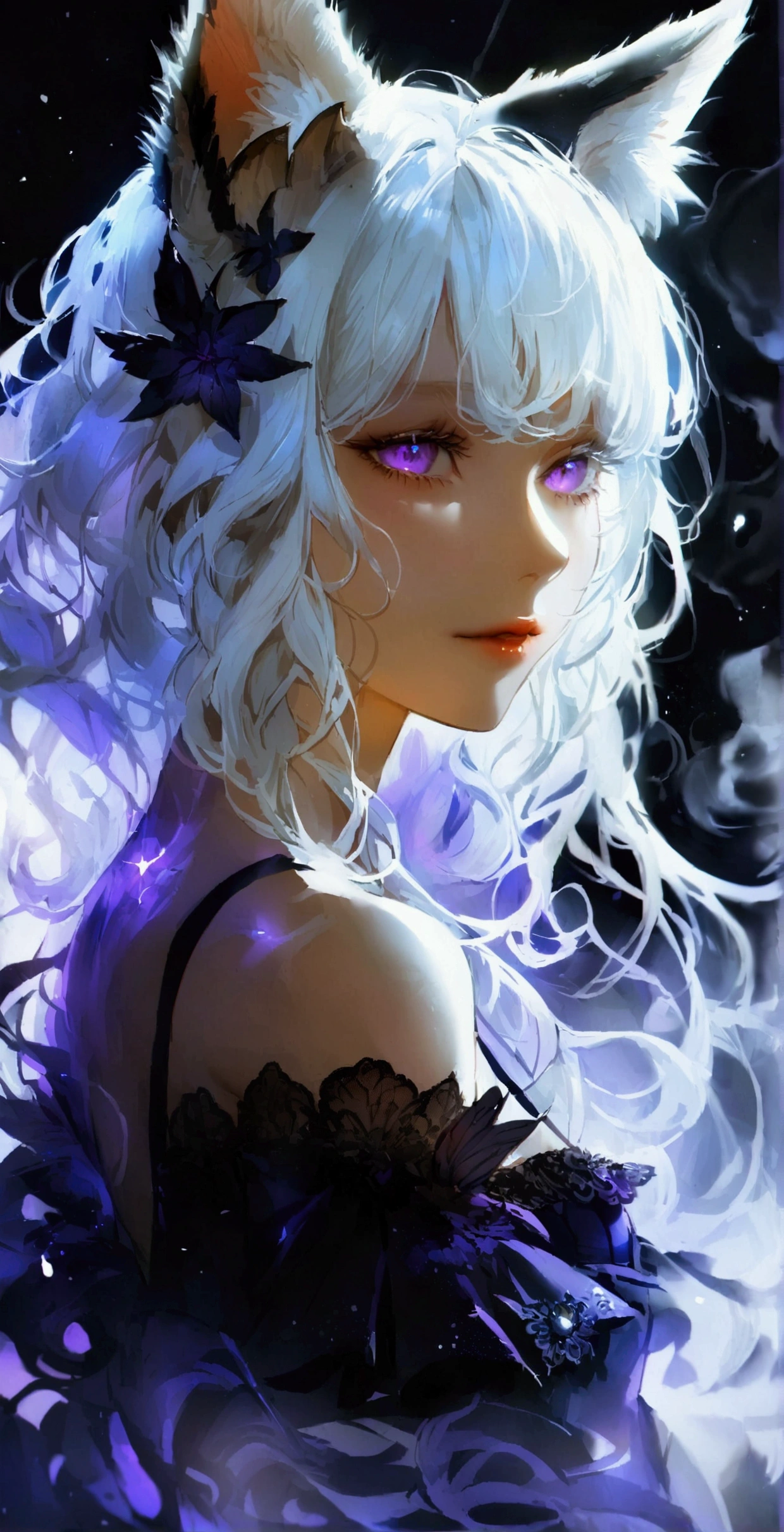 Knee-length wavy hair,White hair is charming, Detailed and precise manual work, Attractive girl, White cat ears,, Purple eyes and white eyelashes,Black Wings,Dark night sky,Dress, Smoke surrounds the body