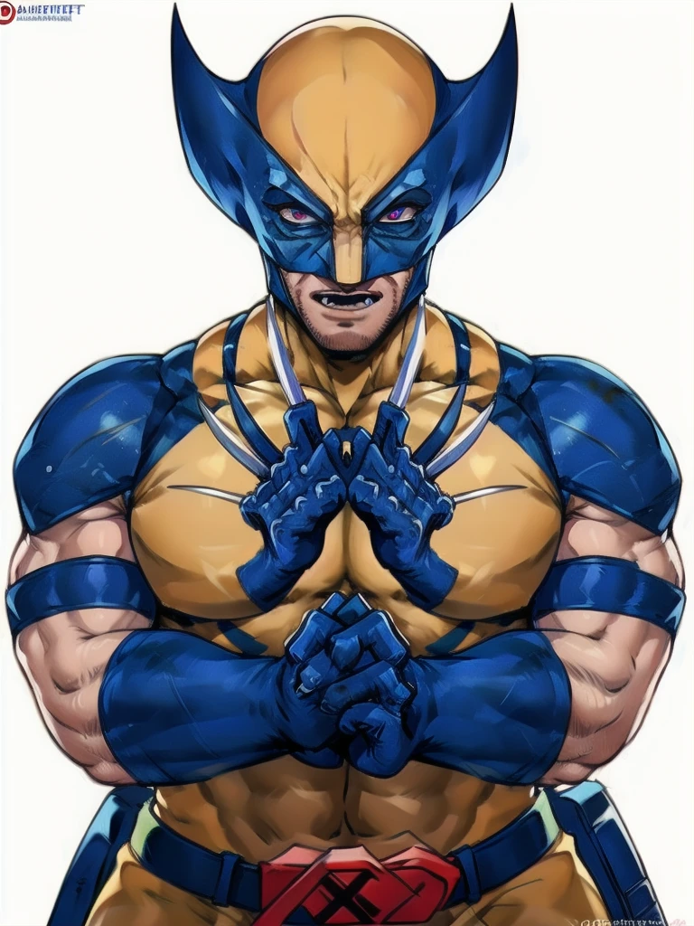 best quality, 16k, extremely detailed, delicate and dynamic, Logan Howlett, Wolverine, yellow bodysuit, blue gloves, (((Unmasked))), (masterpiece), best quality, expressive eyes, (white background:1.5),(((simple background)),  perfect face,  (perfect fingers), detailed eyes, detailed face, ,tshirt design logo,