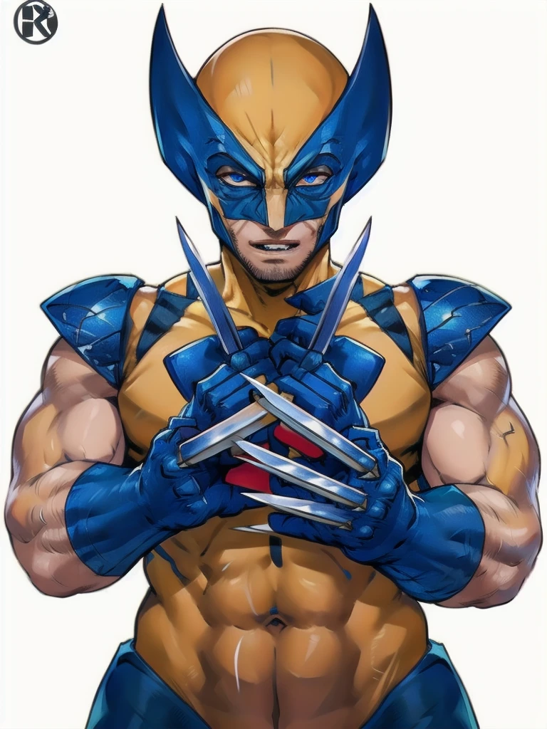 best quality, 16k, extremely detailed, delicate and dynamic, Logan Howlett, Wolverine, yellow bodysuit, blue gloves, (((Unmasked))), (masterpiece), best quality, expressive eyes, (white background:1.5),(((simple background)),  perfect face,  (perfect fingers), detailed eyes, detailed face, ,tshirt design logo,