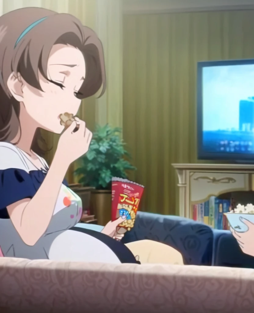 Pregnant woman, sitting on the sofa, while eating popcorn, background in the living room with TV, anime screencap