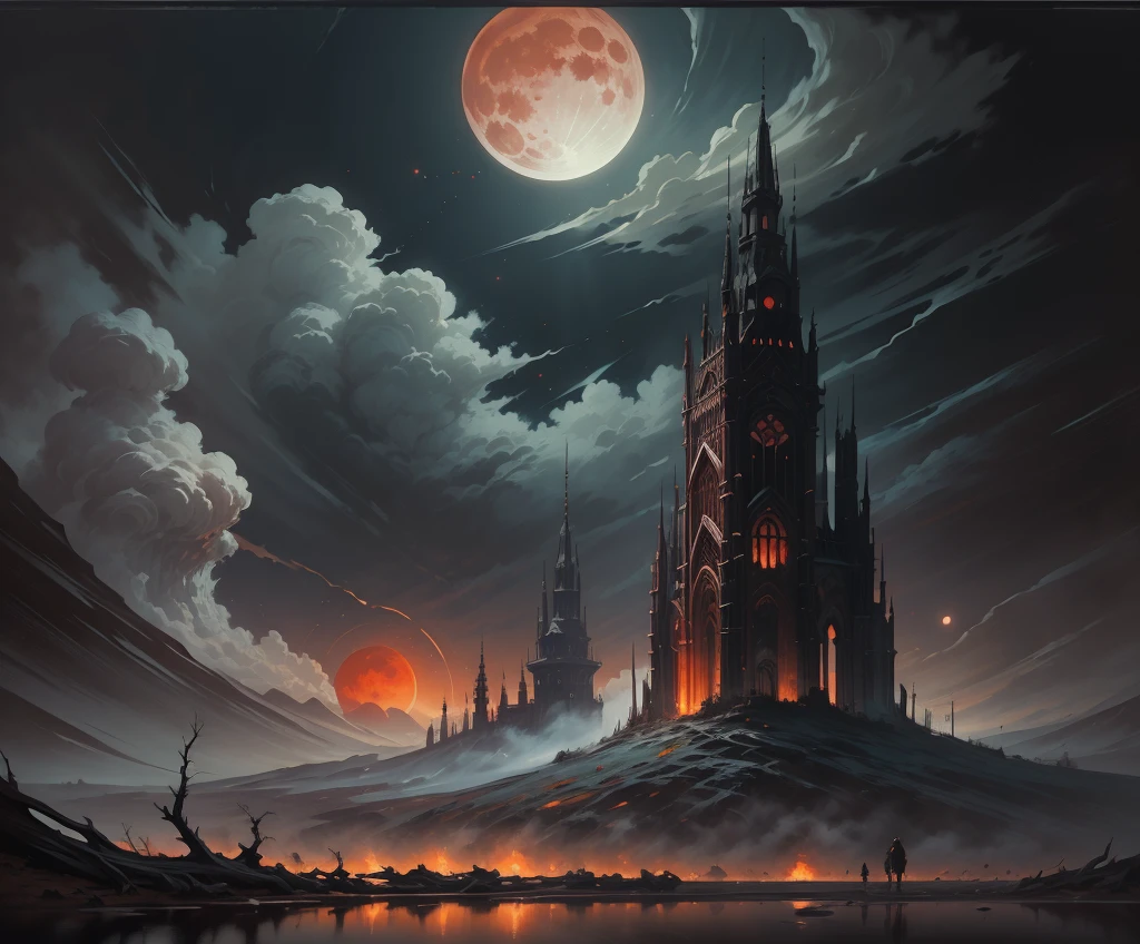 (by Greg Rutkowski: 1.2), (masterpiece), (best quality), illustration, (dark fantasy landscape), night, dead trees, mist, dark climate, cloudy moon sky, reddish moon light (two moons in sky, 1 blue moon and 1 little red moon). spooky atmosphere surrounded with blood slops. A sense of dark and horror fills the air, inviting exploration and discovery, depth of field, HDR, intricate, delicate. view from below, floor pov. oil painting