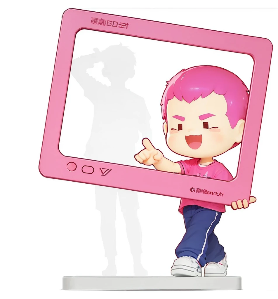 Generate three views with this image ip，This is a front view. The first one is the front view.，The second is the left view，The third is the rear view，Whole body，A cute little boy holding a pink TV alone，He was standing in the picture., Telegram Stickers, Pink Iconic Character, Telegram Stickers design, live2d virtual together model, posture, The style is like Nendoroid, Together, Use a mirror, Cute boy with short pink hair, tposture, t posture, 角色摆posture  保持一致性和统一性。，Clean background，Natural light，8k，Best image quality，Super Detail，3d，C4D，blender，0C Rendering High Definition。