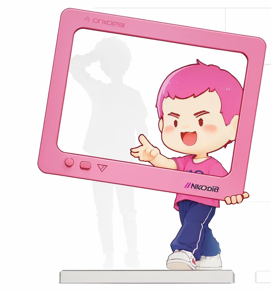 Generate three views with this image ip，This is a front view. The first one is the front view.，The second is the left view，The third is the rear view，Whole body，A cute  boy holding a pink TV alone，He was standing in the picture., Telegram Stickers, Pink Iconic Character, Telegram Stickers design, live2d virtual together model, posture, The style is like Nendoroid, Together, Use a mirror, Cute boy with short pink hair, tposture, t posture, 角色摆posture  保持一致性和统一性。，Clean background，Natural light，8k，Best image quality，Super Detail，3d，C4D，blender，0C Rendering High Definition。