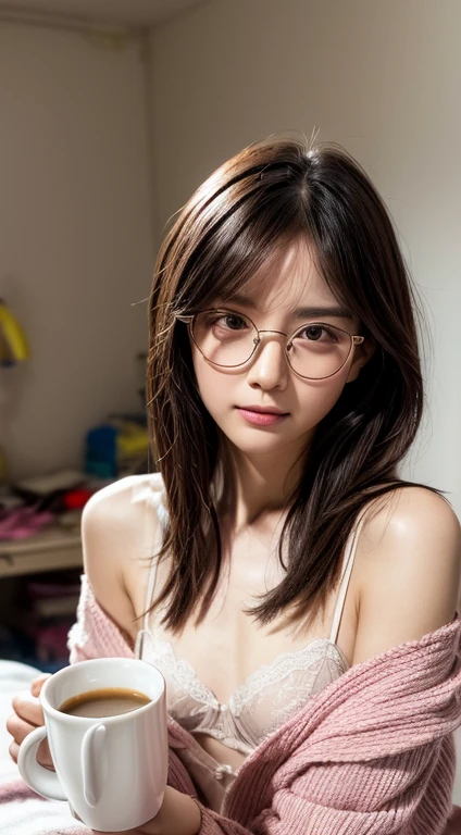 1girll,Solo, ((my dirty room)),shush,cheerfulness,lightsmile,(dressing gown)、 Open your clothes, ((lingerie in different bright colors))、Patterned lingerie、((Delicate Photos)),(Detailed RAW photos of girls), (masutepiece:1.25), (Best Quality:1.6), (超A high resolution:1.5), (Photorealistic:1.75), 8K resolution, Canon EOS R5, 50 millimeters, absurderes, ultra-detailliert,Cinematic lighting,(eye glasses)、sexy facial expression、Different hairstyles、A dark-haired、Long bangs、Ahoge、((Have a mug))、dishevled hair、morning,(medium shot),