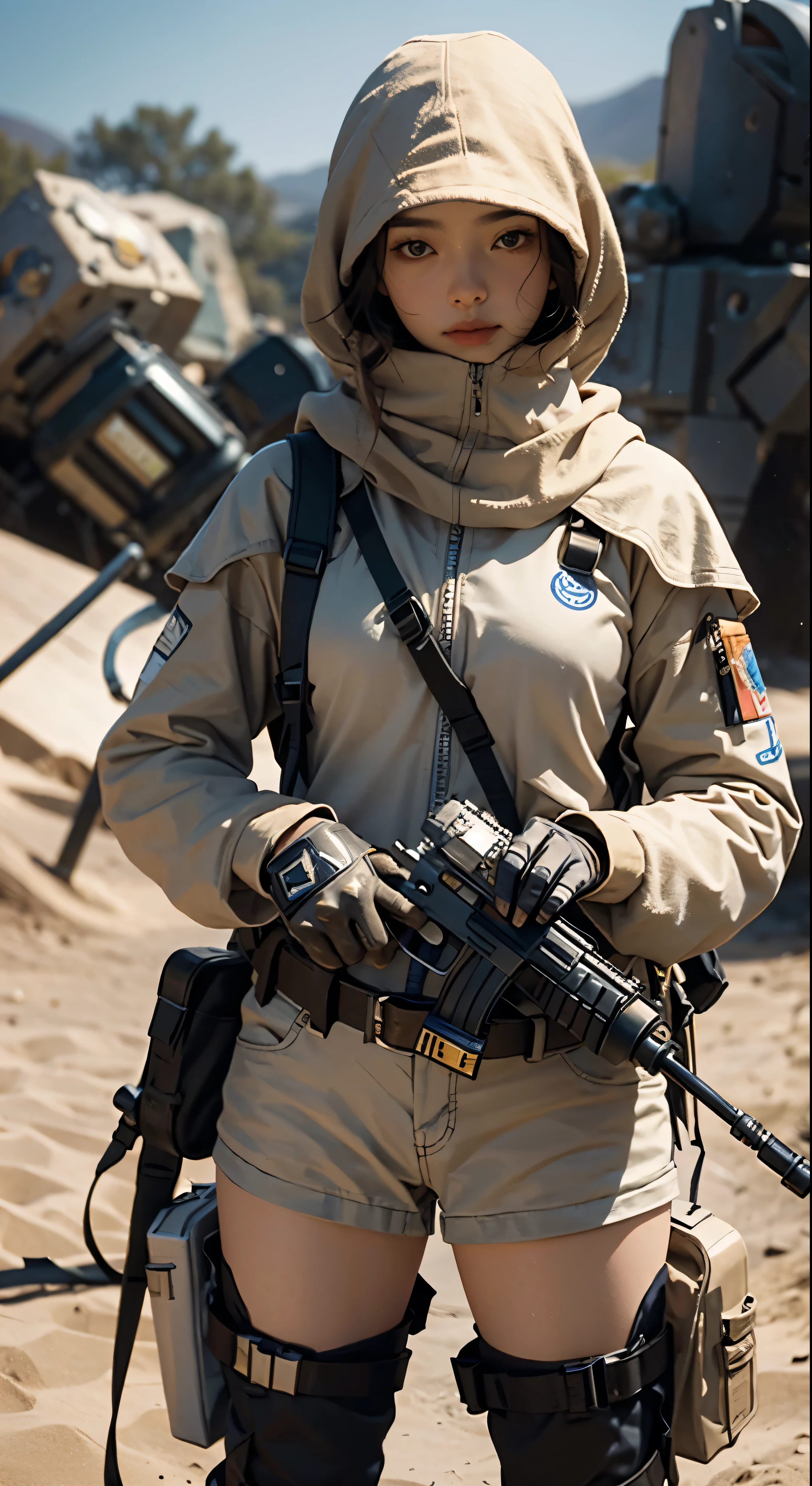 with high definition images，8k resolution、Highest quality、masterpiece:1.2、Realistic、フォトRealistic:1.37、Super detailed、Highest quality、Ultra-high resolution、Professional Lighting、Photon Mapping、Good composition、Facial details:1.2、35mm lens:1.25、(Tusken Raider)+、Desert Planet、Sand Wind、Hiding behind a rock、Shoot right with blaster rifle，Shooting in yellow body armor