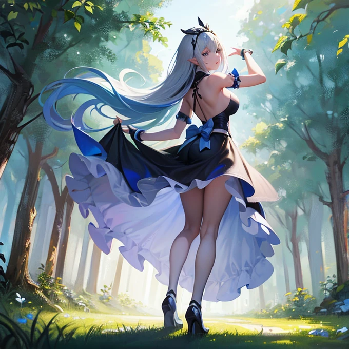 a beautiful 20 year old blonde woman with big messy hair in a blue dress, white stockings, black headband, cleavage, bending over to grab a glowing mushroom off the grassy forest floor, back shot, booty, fantasy art style, rossdraws cartoon vibrant, alice x. zhang, alice in wonderland cyberpunk, cute detailed digital art, colorfull digital fantasy art, digital fantasy art ), glossy digital painting, rossdraws pastel vibrant, rossdraws 2. 5, rossdraws 1. 0