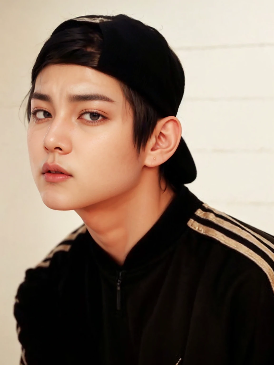 Taehyung Kim, Taehyung face, big and serious eyes, frustrated face, thick, furrowed eyebrows, korean eyes, Taehyung eyes, muscular chest, black angel wings, royalty background, thick and reddish lips, square lips, frustrated face, taehyung of bts, Kim Taehyung, Taehyung BTS, Taehyung