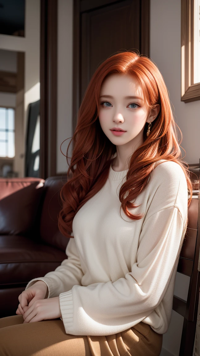 arafed woman sitting on a chair in a living room, sitting in her room, loish art style, curly red hair, with curly red hair, red haired girl, infp girl, redhead girl, lois van baarle and rossdraws, solo portrait 🎨🖌, in the art style of bowater, trending on artstration