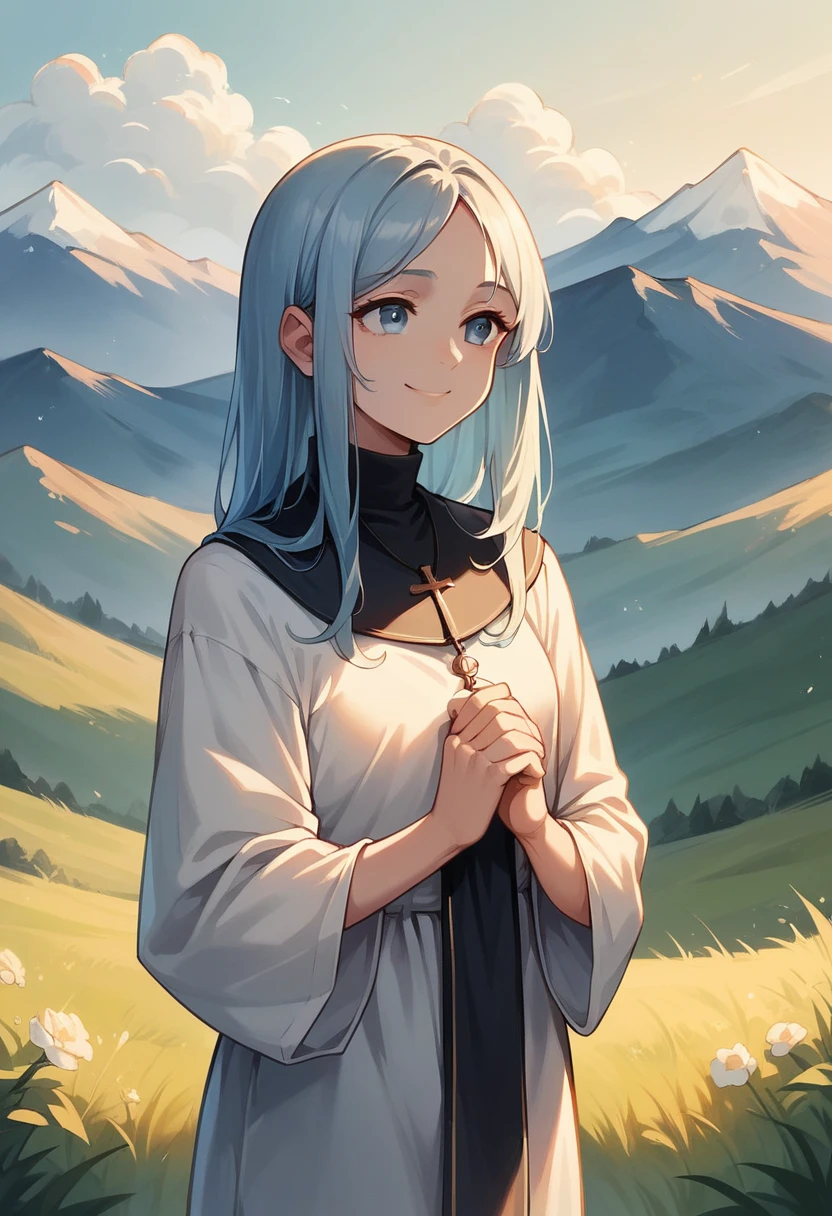 Light blue long hair,Blue eyes,little girl,10 years old,student,Half-length photo,Wearing black religious robes,Smile,Face flushing,Holding the Bible in both hands,Standing on the grass,Mountains in the background,Fair skin