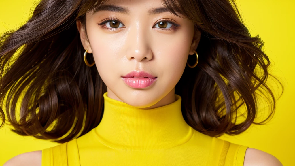 (Detailed face),vivid,cute,Sleeveless and(turtleneck)Yellow silky clothes,4K,Ultra-high resolution,（Photorealistic：1.7）,Yellow background,Long, curly black hair,