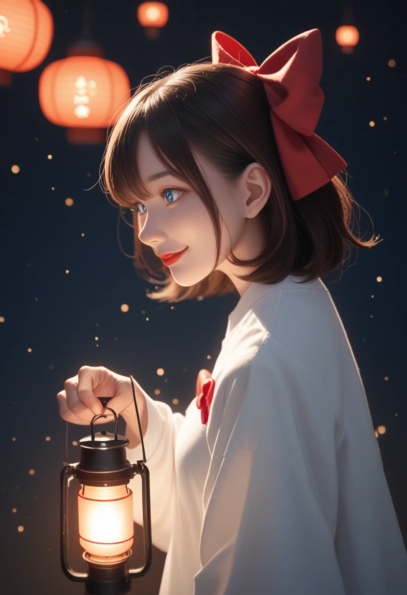 (Extremely refined: 1.2), 1 Girl, Bangs, blue eyes, Vague, Vague background, bow, Brown hair, Residence, side view, Hair between the eyes, hair bow, lantern, Light Particles, Long sleeve, Looking at the audience, Medium Length Hair, night, red bow, Solitary, Star(Symbolism), Upper Body, Smile, Red lips