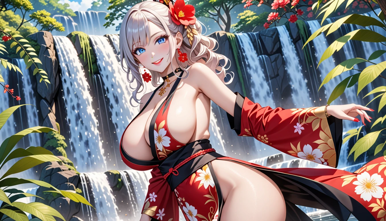 ultra-detailed, ((one girl)), ((portrait:1.2)), (pale skin:1.4), in pastel colors gyaru, (heavy makeup), (professional lighting) hyper detailed, absurdres, 8k, Beautiful Face, (Laugh shyly), ((teasing smile:1.3)), ((happy smile:1.3)), ((Wink:1.5)), (Laugh with your mouth wide open),((Tilt your face:1.6)), View your viewers, ((Bright red cheeks:1.6)),Glossy Red Lips, ((huge breasts:1.6)), undressing kimono, noon, summer, Forest waterfall, ((Anime style background)),masterpiece, Highest quality, (Brighten your face), so beautiful,Latest, Complex details, (Pink long nails), (nail art), (ring),(bracelet), (Floral Choker),AI-generated, Complex,High resolution, Highest quality, super high quality,3D Images、3D Images,One person,(Snow White hair), (highlights hair,Milky White streaked hair)), Long Hair,(High Ponytail), (wavy hair:1.3), Anime woman in black kimono posing for a photo, ((Fine grain、blue eyes、glowing eyes:1.4)), (Squint your eyes:1.1),a hyperRealistic , hyperRealistic , Realistic, Smooth anime CG art, A girl in a gorgeous black kimono, ((black furisode:1.2)), (Gold embroidery), (Large red floral pattern), (sideboob), Long flower hair ornament,Floral Earrings, Mature Body, tall,Narrow waist, front view, ((dutch angle:1.2)),