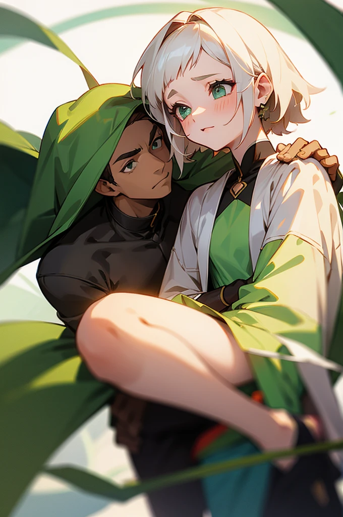 half body picture of a couple beneaf the vines staring at each other, girl with white hair, boy with brown hair, gaussian blur green garden background, tropical vibes