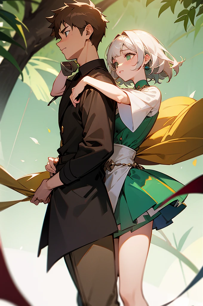 half body picture of a couple beneaf the vines staring at each other, girl with white hair, boy with brown hair, gaussian blur green garden background, tropical vibes