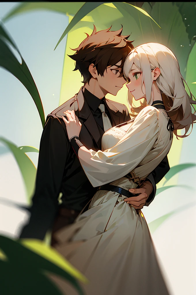 half body picture of a couple beneaf the vines staring at each other, girl with white hair, boy with brown hair, gaussian blur green garden background, tropical vibes