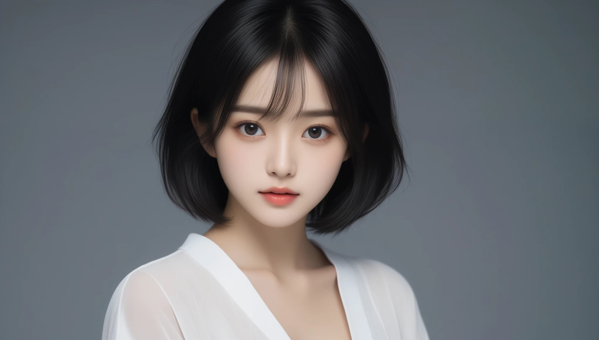8k, Ultra-high resolution, Highest quality, masterpiece, 三分割法によるphotograph,Surreal, photograph, 1 Girl, (16 years old:1.3), pretty girl, Cute Face, Beautiful eyes in every detail, 細かくdetailedに,masterpiece,One Girl:1.2, Japan Female Announcer,extream close up,sad,streaming tears,Long black hair,Short Hair,Messy hair,(black suit:1.3),mourning clothes,(印象派の美しい少女のPortraiture), (Gray background:1.3),(Impressionist light and colour),Realistic Skin, Perfect and beautiful face ,完璧でCute Face, Skin with attention to detail, Perfect limbs、Narrow waist,Looking at the audience、beauty,Long neck,clavicle,(((Ideal body type))),A cup small breasts :2,Portraiture:2,Perfect Anatomy,鮮明なdetailed,detailed,Surreal,Light and shadow,spotlight