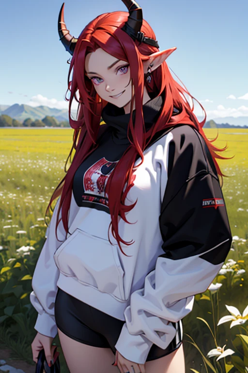 woman, long hair, red hair, on her head she has two horns, violet eyes, she is smiling, wears a sweatshirt, black sweatshirt, wears white clothing underneath, wears two rings in your hand, the scene is in a field