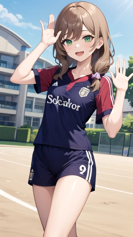 (masterpiece, best quality, detailed), 1girl, solo, looking at viewer, aalisa, long hair, hair flower, green eyes, 
soccer uniform, school yard, field, waving, hand up, arm up, walking, smile, open mouth