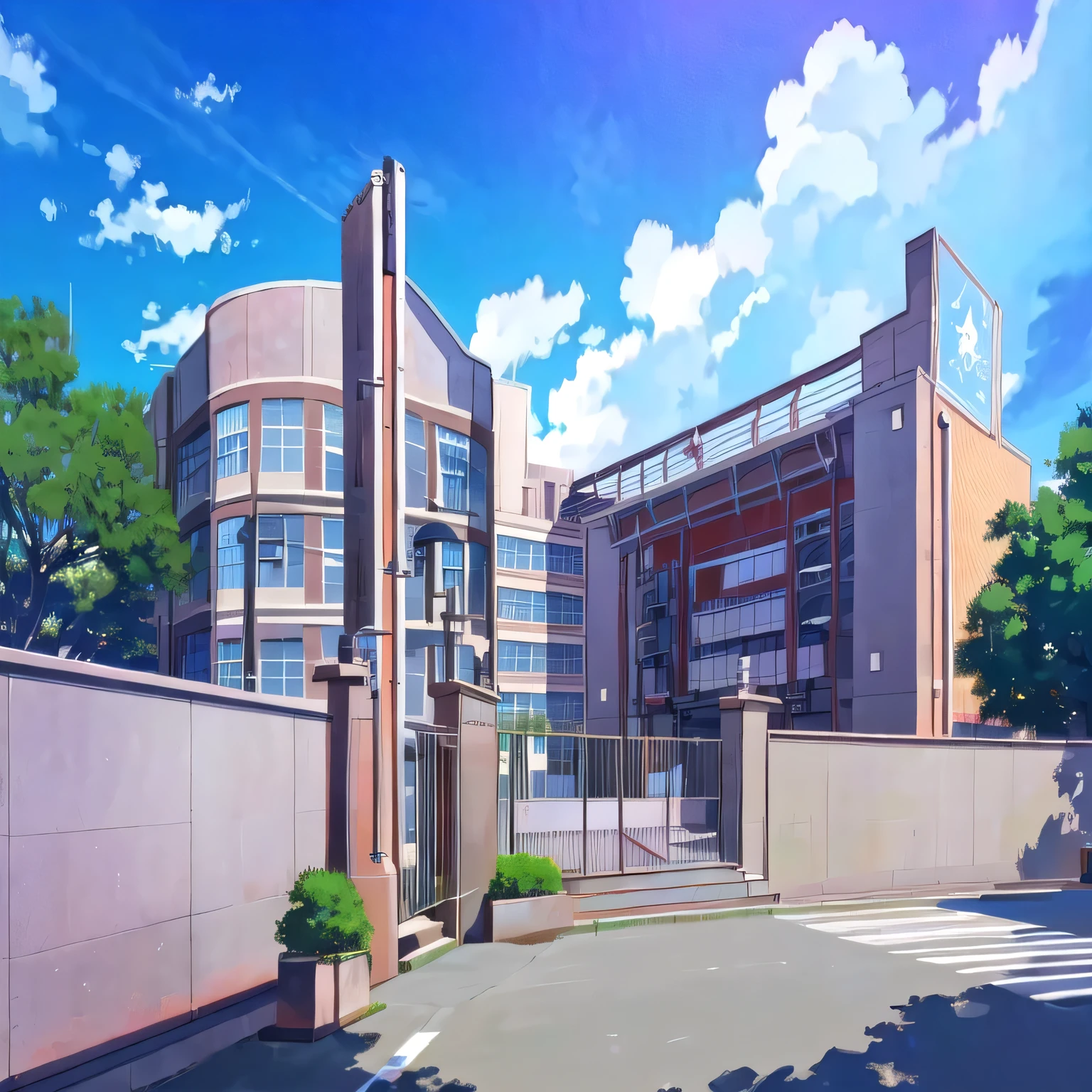 Anime image of a building with a clock tower and a street, Madhouse Studios Anime Style, Anime Background art, kyoto animation studio, Anime Landscape concept art, Anime style cityscape, Anime Background key visual, Japanese high school, Madhouse Animation Studio, Kyoto Animation Productions, Anime Landscape, Anime Background, Produced in collaboration with Anime Painter Studio, Realistic anime 3D style, High School Background