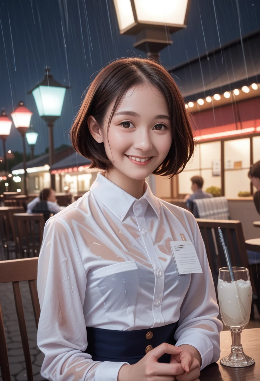 (8K, best quality, masterpiece: 1.2), (Practical, Reality: 1.37), Very detailed, 1 girl, Lovely, Solitary, Beautiful and detailed sky, Detail of cafe, night, sit, date, ( Red and swollen nose), (Smile: 1.15), (Shut up) Small Breasts, Beautiful details, (Collared shirt: 1.1), night, wet, Business Attire, rain, White lace, (short hair: 1.2), NovaFrogStyle,