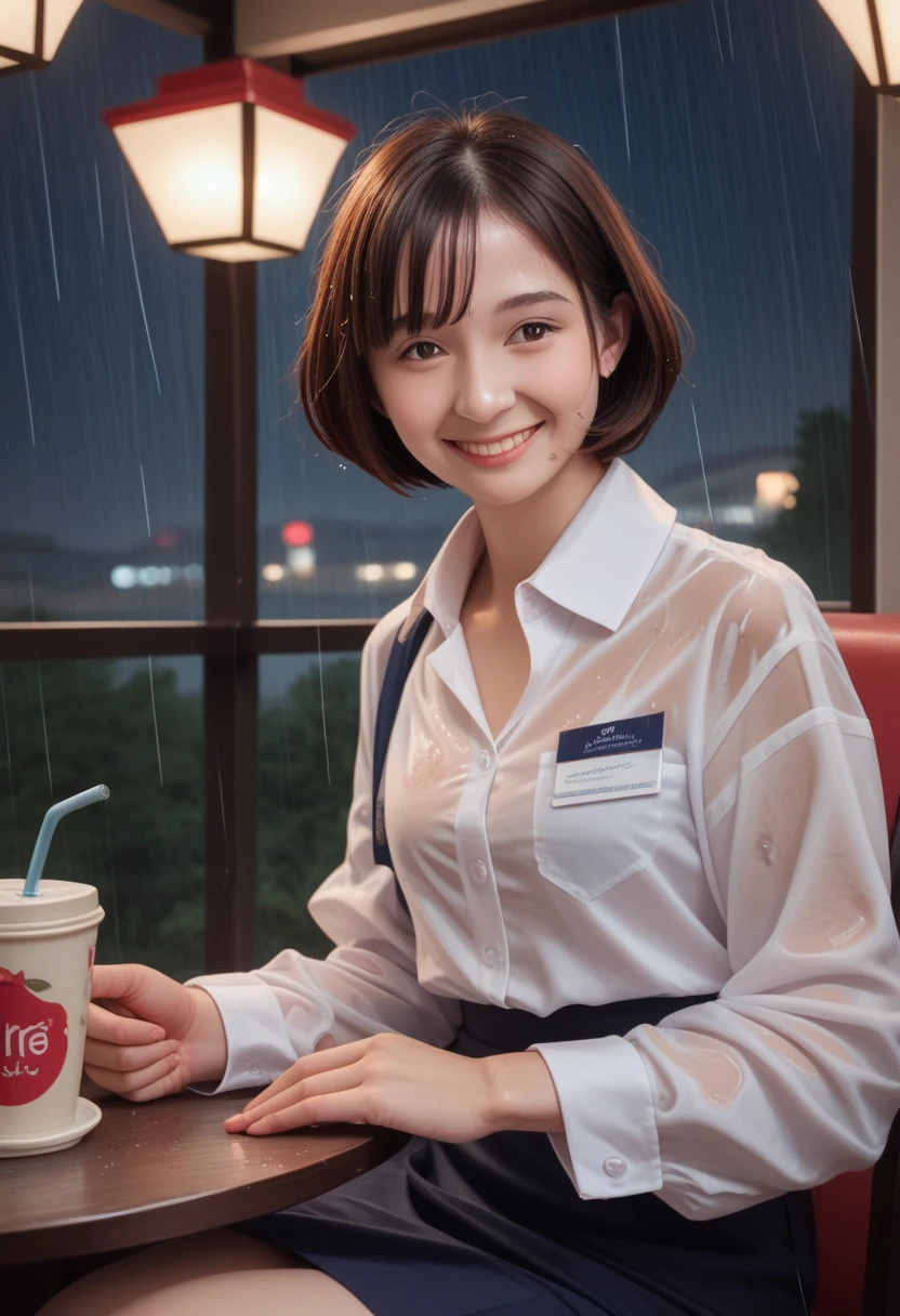 (8K, best quality, masterpiece: 1.2), (Practical, Reality: 1.37), Very detailed, 1 girl, Lovely, Solitary, Beautiful and detailed sky, Detail of cafe, night, sit, date, ( Red and swollen nose), (Smile: 1.15), (Shut up) Small Breasts, Beautiful details, (Collared shirt: 1.1), night, wet, Business Attire, rain, White lace, (short hair: 1.2), NovaFrogStyle,