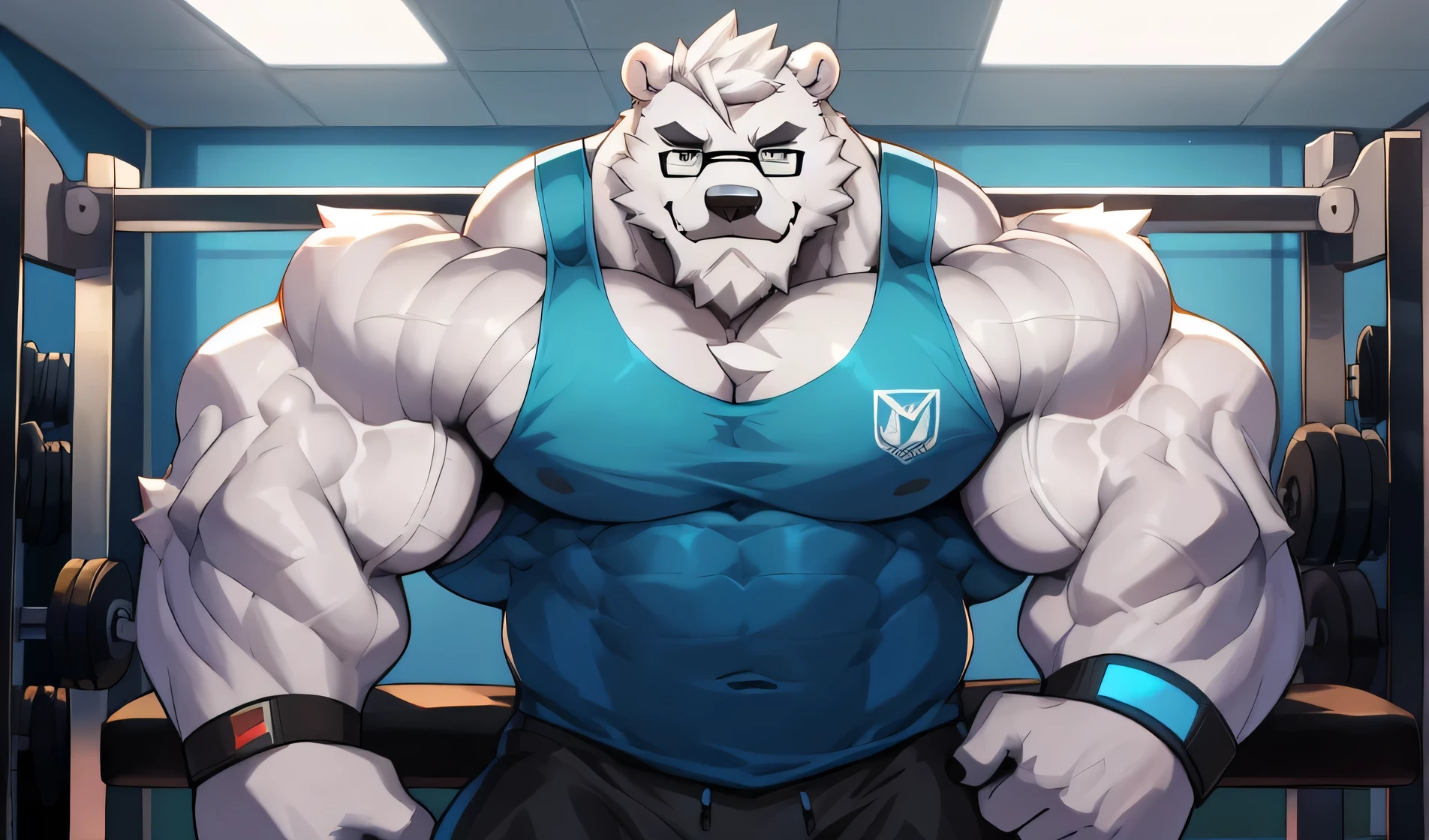 solo, 1boy, Huge Muscular White Polar Bear wearing glasses, huge white fur, pectoral, huge pectoral, wide pectoral, short white hair, blue colored short pants, blue colored wristbands and blue colored tank top, white bearded, white Mustache, white fur, black eyebrows, gym fitness center background, masterpiece, high detailed, 8k, high resolution, at the gym, flexes huge thorax, looking at the viewer, acting all hunk