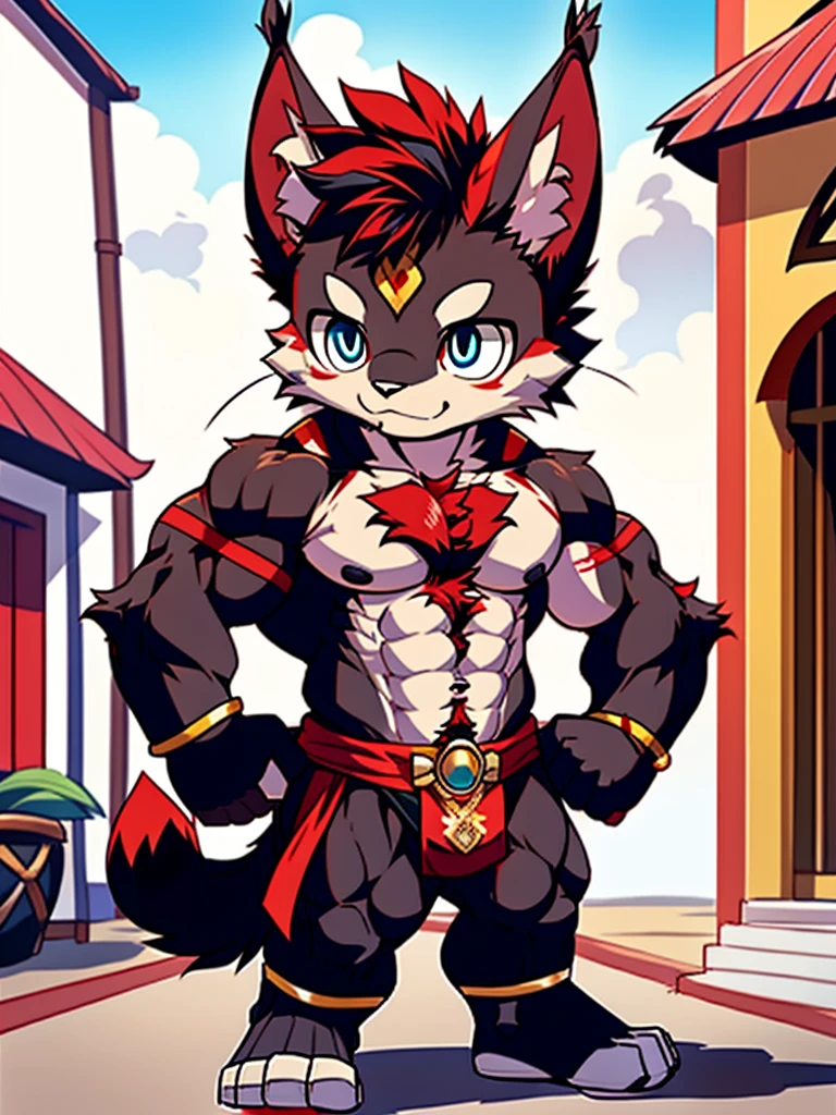 Best quality, Young, Chibi, , Furry, Solo, Male black lynx cat: 1.5, (black fur), (black fur), black fur, blue eyes, red chest hair, black long hair, black mane, red hair, red armpit hair, red whiskers, Humanoid hands, Muscular body, Strong Abs, Strong Chest, Strong Biceps, Wearing Red Muay Thai Style Clothes, Topless, Chibi, Standing in the street of Thailand, Red Mohawk hair, Detailed black fur, Detailed cloths, Thailand.